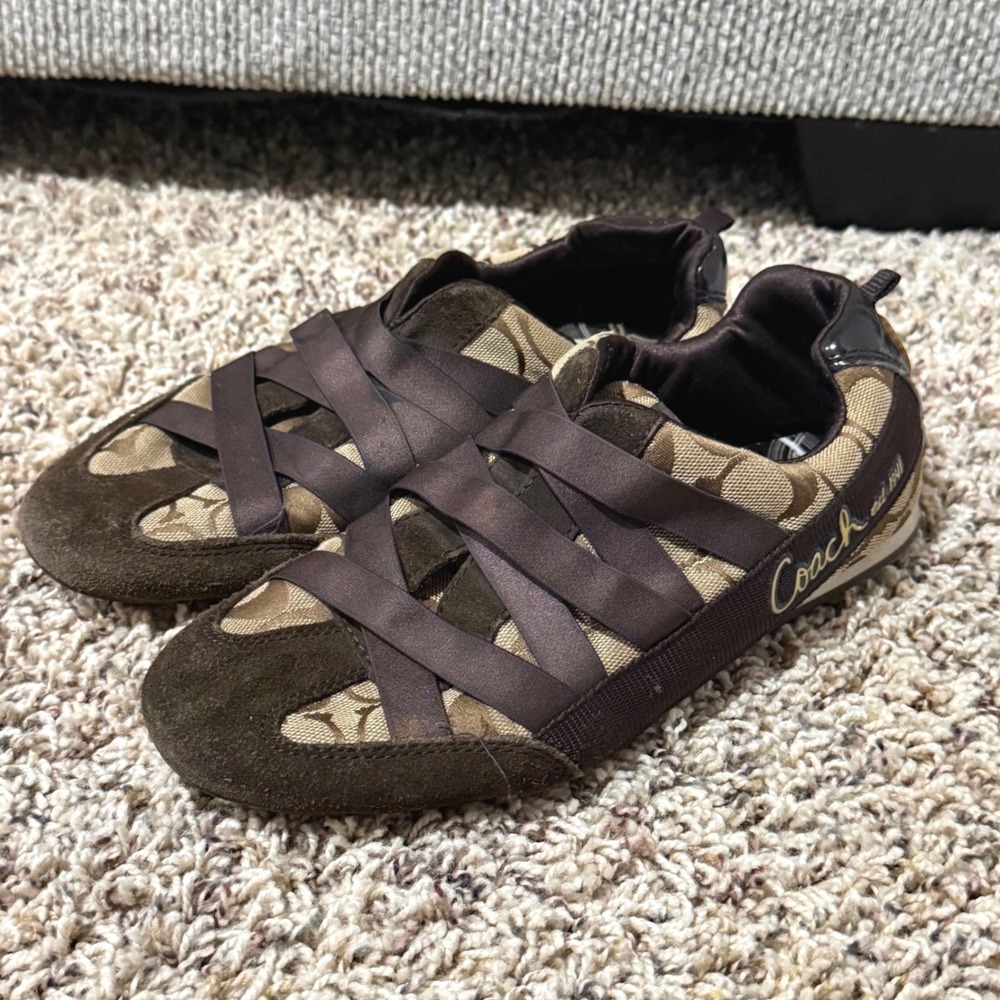 Vintage Coach Harmonie Brown Signature C Monogram Strap Sneakers Womens 6.5 M